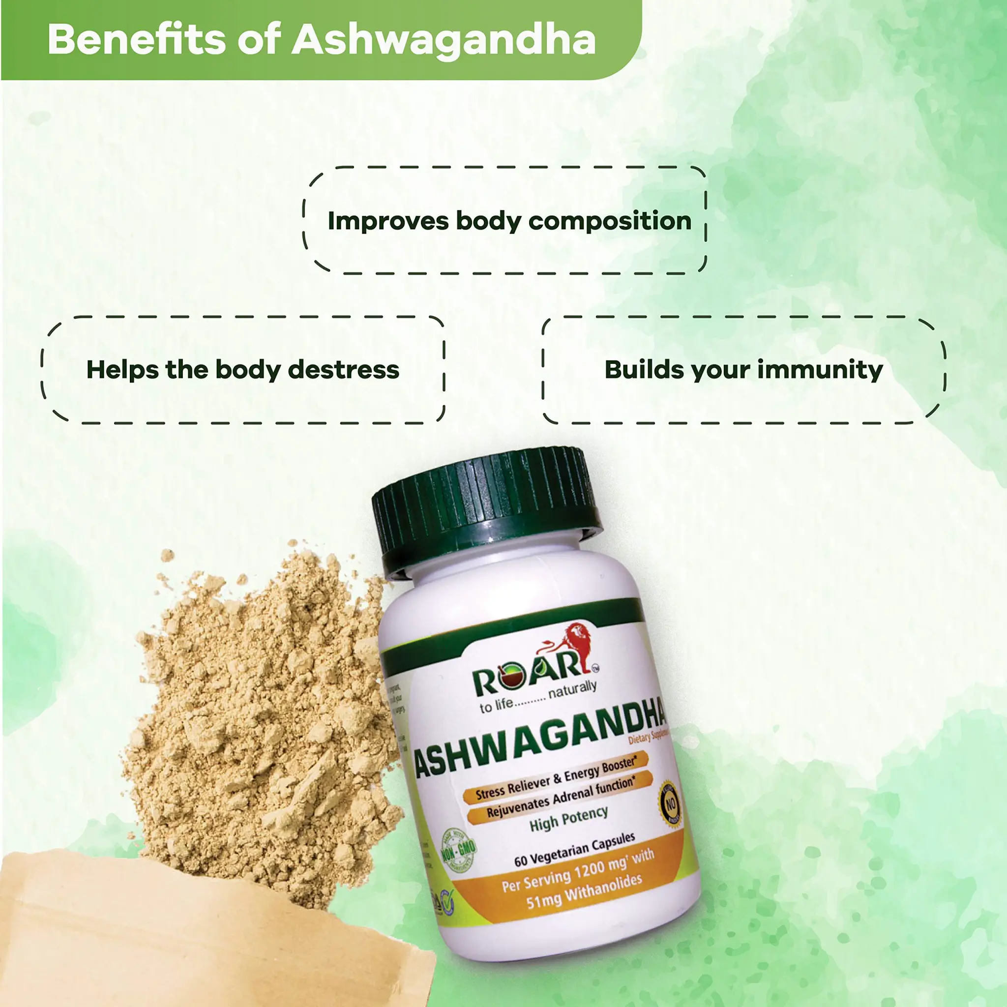Roar High Potency Pure Ashwagandha  1200 mg with 51 mg Withanoides per ...