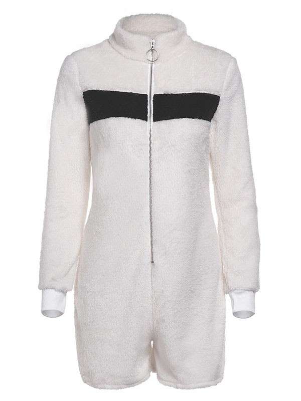 White Zipper Bubble Fuzzy Fatigue Fur Long Sleeve Casual Short Jumpsuit ...
